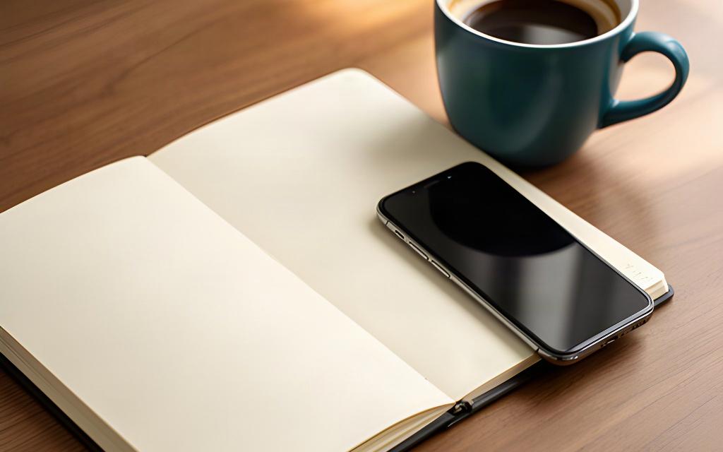 Appointment notebook and phone on a clean desk beside a cup of coffee