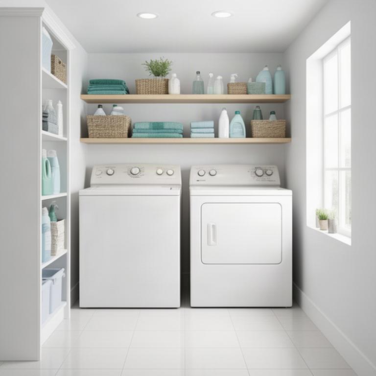Freshly cleaned laundry room with neatly arranged shelves and bright tile flooring