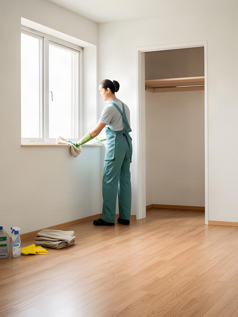 Cleaner dusting an empty bedroom during a move-out cleaning in a California home