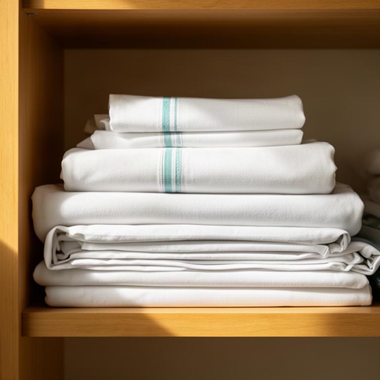 Stack of freshly folded white linens on a clean wooden shelf