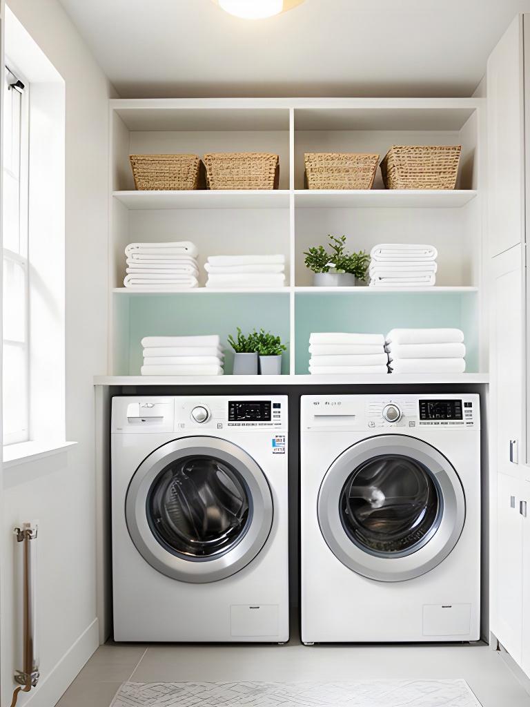 Freshly cleaned laundry room with organized shelves, spotless appliances, and folded linens