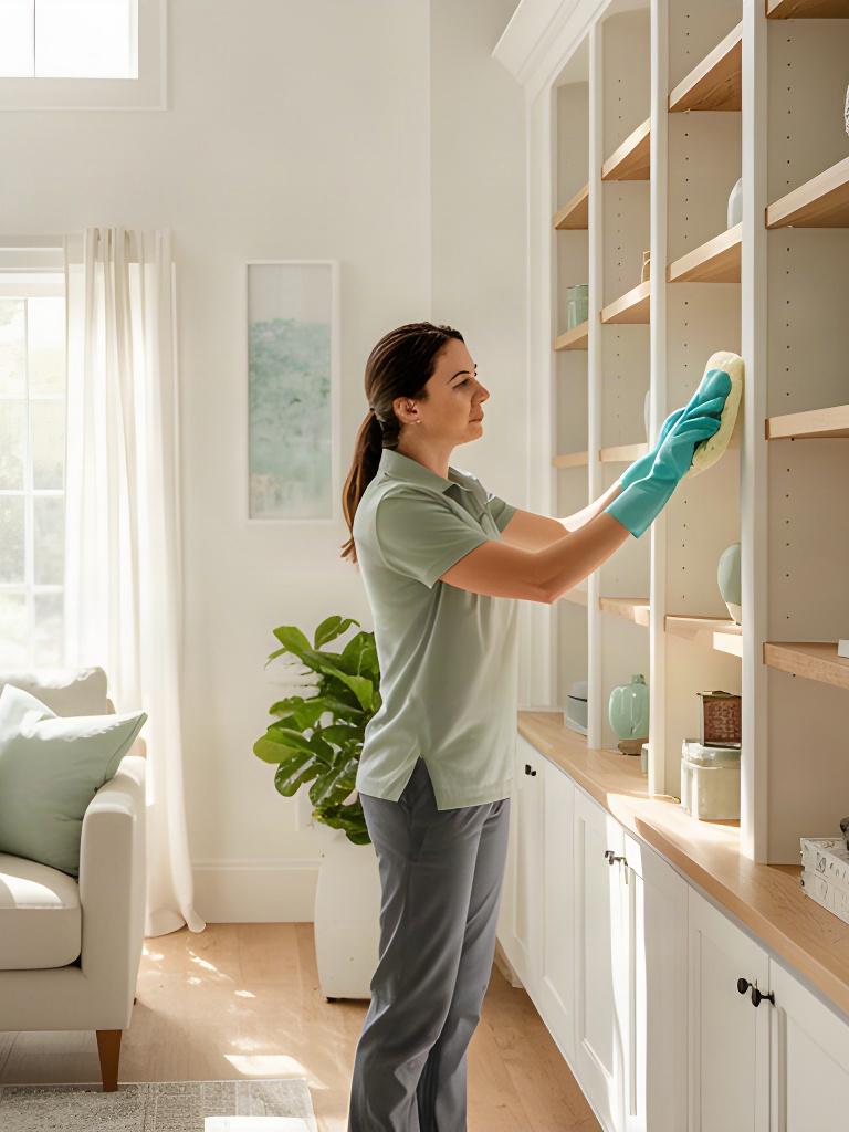 Professional cleaner dusting shelves in a bright Lodi living room with natural light
